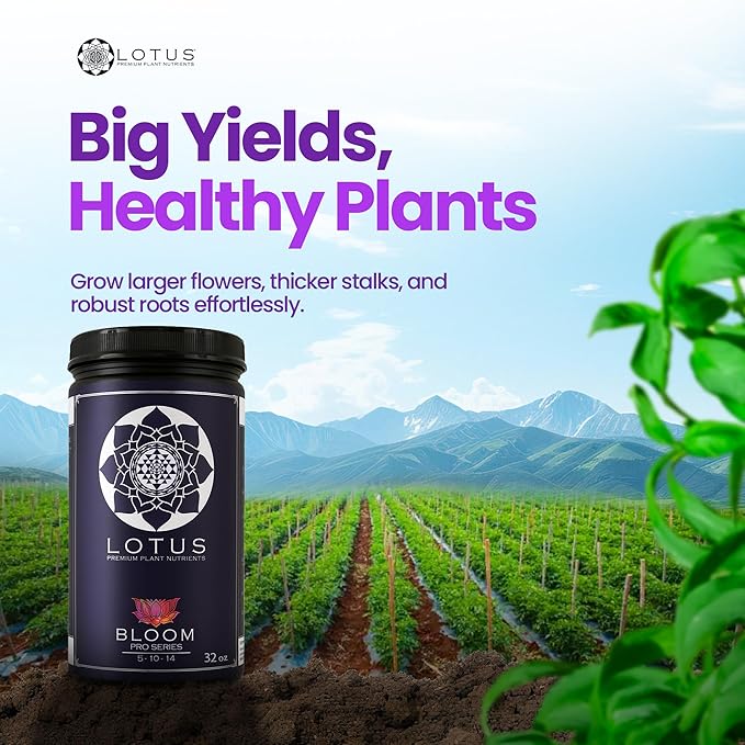 Lotus Nutrients Bloom Pro Series, Water Soluble Hydroponic Plant Food for Flowering and Fruiting, 14+ Ingredient Powder with 100% Chelated Micronutrients and Amino Acids, Coco Coir, Hydro, Soil (32oz)