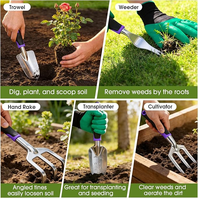 WOWBOX Garden Tools Set - 10 PCS, Heavy Duty Gardening Hand Tools Kit with Storage Tote, Rust-Resistant Gardening Supplies for Planting with Non-Slip Ergonomic Handle for Women and Men (Purple)