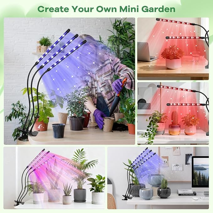 Led Grow Lights, 3 Heads Red Blue Plant Light with Clamp for Indoor Plants & Seed Starting, 10-Level Dimmable, Auto On Off, Timing 3 9 12Hrs