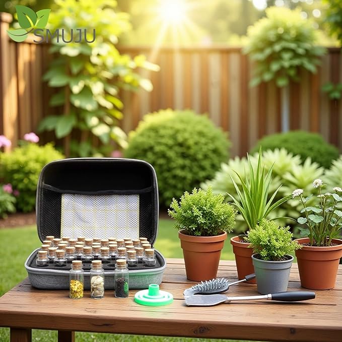 SMUJU 40 Slots Seed Storage Organizer with 20 Seed Envelopes, Sturdy Organizer Storage Box with Label Stickers, Glass Container for Flower Vegetable Garden Seed Saving (Seeds not Included)