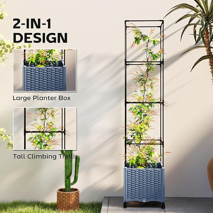 Outsunny Raised Garden Bed with Trellis, 71.7" Tomato Cage with Lockable Wheels, Self Watering Outdoor Planter Box with Drainage Holes and Plugs for Climbing Plants, Vines, Vegetables, Flowers, Gray