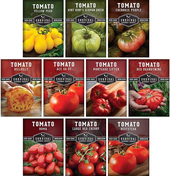 Tomato Seeds 10 Variety Pack for Planting - Cherokee Purple, Roma, Cherry, Aunt Ruby's Green, Hillbilly, Mortgage Lifter, Brandywine, & More - Non-GMO Heirloom Tomatoes - Survival Garden Seeds