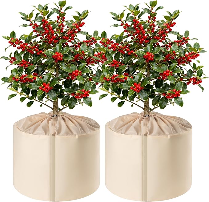 2 Pcs Plant Pot Covers for Winter, Insulated Potted Plant Covers Freeze Protection with Drawstring & Hook-and-Loop Closure, Flower Pot Protection Bag to Keep Outdoor Plant Warm, 25.6"x 27.5"