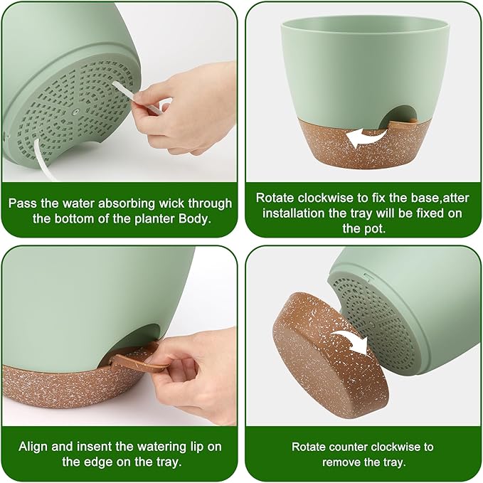 Plant Pots 12/10/9 Inch Self Watering Pots, Set of 3 Plastic Planters with Drainage Holes and Saucers,Plastic Flower Pots,Nursery Planting Pot for Indoor Out Door Plants(Green)