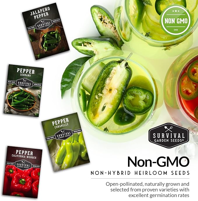 4 Variety Pack Pepper Seed Collection | Jalapeño, Serrano, Cubanelle & California Wonder | Heirloom Non-GMO Hot & Sweet Peppers | Survival Garden Seeds