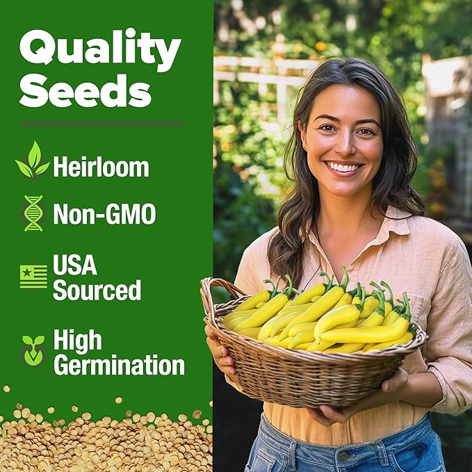 HOME GROWN Banana Pepper Seeds 2 Pack (Capsicum annuum) – 188 Heirloom Seeds, High Germination Vegetable Seeds – Growing Sweet Banana Peppers Indoors or Garden