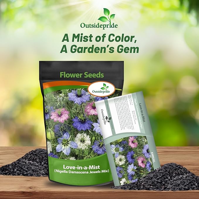 Outsidepride Jewels Mix Nigella Seeds - 1000 Pcs Annual Flower Seeds for Planting with Vibrant Blooms & Lacy, Fern-Like Foliage, Attractive Cut Flower for Small Garden Spaces & Floral Arrangements
