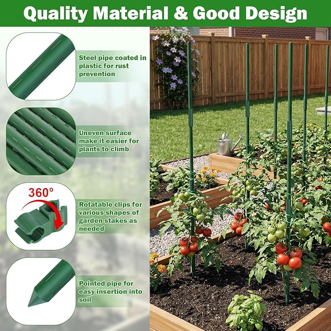 Garden Stakes 70 Pack, 16 Inch Plastic Coated Metal Tomato Stakes, DIY 4ft 5ft 6ft 7ft Plant Support Stakes with 40 Connectors 30 Rotatable Clips 30 Plant Clips for Indoor Outdoor Vegetables