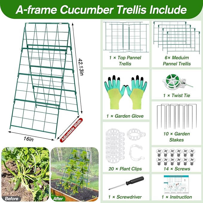 Cucumber Trellis for Raised Bed A Frame Metal Garden Trellis for Climbing Plants Outdoor, 42 x 16IN Foldable Coated Steel Cucumbers Trelli, Easy to Install Cucumber Trellis for Vegetable Fruit (1PACK)