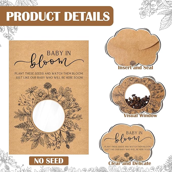 Fumete 25 Pack Baby Shower Party Favor Baby in Bloom Packet Kraft Bags with Window Envelopes Resealable Organizer Storage Bag for Gender Reveal Party Favors(Plant)