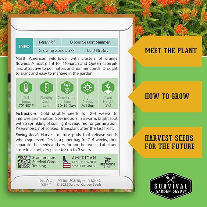 Butterfly Milkweed Seeds for Planting with Instructions to Grow Asclepias Tuberosa - Attract Butterflies & Help Conservation - Non-GMO Heirloom Open-Pollinated - Survival Garden Seeds (1 Pack)