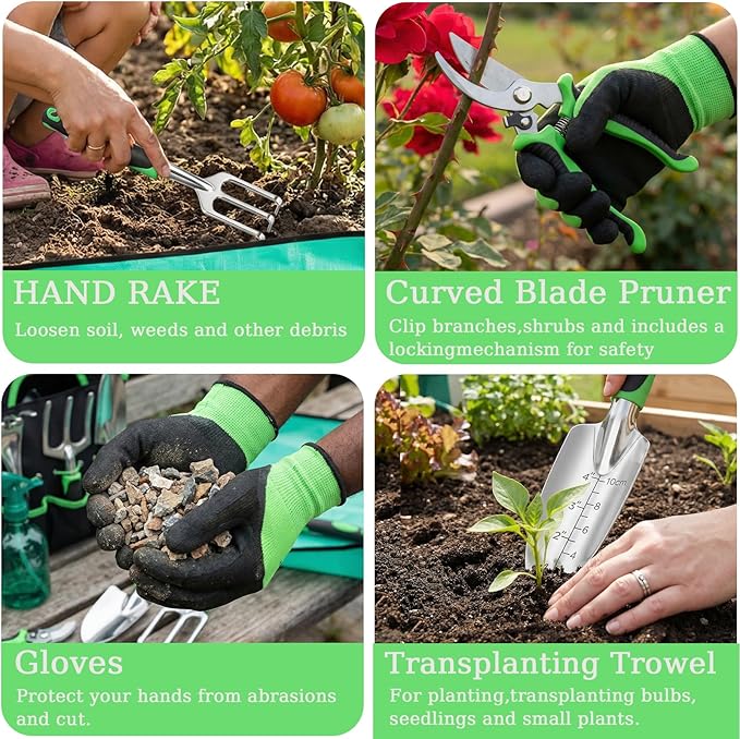 10-Piece Garden Tool Set - Heavy Duty Lightweight Aluminum Alloy Gardening Tools with Storage Tote Bag, Rust-Proof Gardening Hand Tools & Non-Slip Ergonomic Grip, Ideal Gardening Gifts for Women