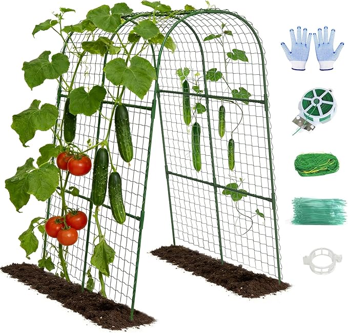 Cucumber Trellis, Metal Garden Arch Trellis for Raised Bed, 32 x 48inch U-Shape Garden Trellis for Climbing Plants Outdoor, Vegetables Fruit Plant Support with Netting, Gardening Supplies (Green)