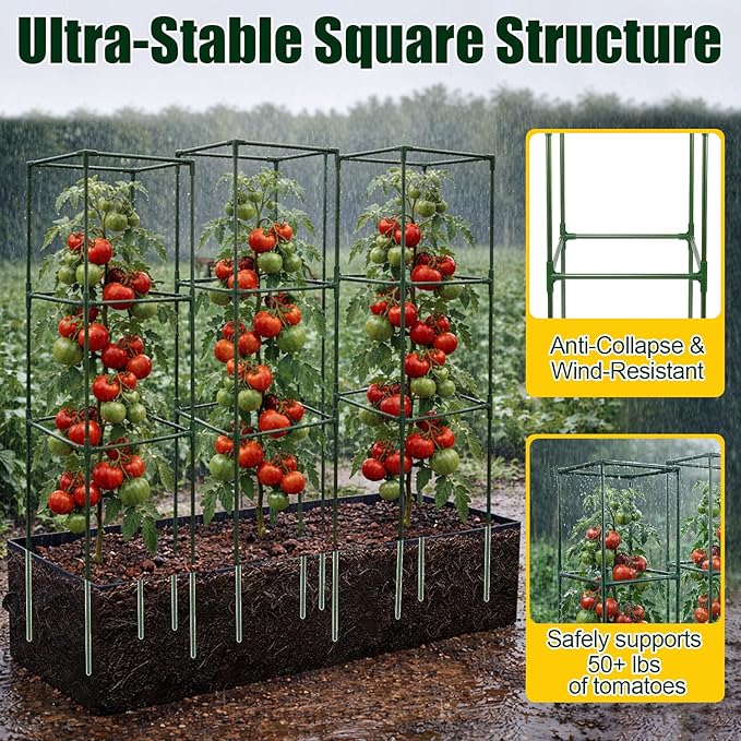 3-Pack Tomato Cages with 86 Gallon Raised Garden Bed - 41" Anti Collapse Heavy Duty Plant Support Trellis for Climbing Vegetables Plants Flowers ,Adjustable Vertical Tomato Trellis for Garden Balcony