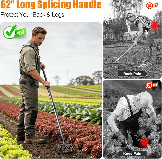 Garden Hoe, 62 Inch Weed Tool, Long Soil Tiller Cultivator, Heavy Duty Metal Stirrup Hoe Weeder Scraper Rake for Flower Beds, Patio, Garden Loosening Soil Weeding Digging