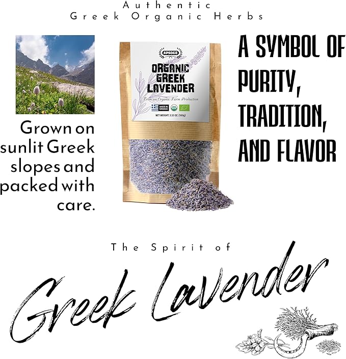 Apsogo Organic Greek Lavender – Premium Dried Flowers (3.52 oz), Organic Herbal Lavender Tea & Culinary Use, Whole Buds in Resealable Pouch