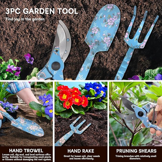 3piece Printed Garden Tool Set, Heavy Duty Aluminum Gardening Tool Kits Including Hand Rake, Pruning Shear and Trowel for Indoor & Outdoor Use, Ergonomic Handle, Perfect Gardening Gift