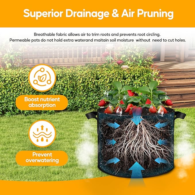 Simple Deluxe Grow Bags 10 Gallon 5 Pack Planter Pots with Handles, Thickened Nonwoven Fabric Aeration Cloth Bag, Heavy Duty Gardening for Tomoato, Potato, Vegetable, Herbs and Flowers, Black