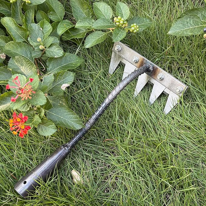 Ironrake The Heavy-Duty Iron Weeding Rake,1pc Iron Rake for Gardening and Weeding with 5 Metal Tines,Weeding Rake for Sturdy Dethatching,Ironrake for Backyard Lawn Loosening Planting Weeding (5 TINES)
