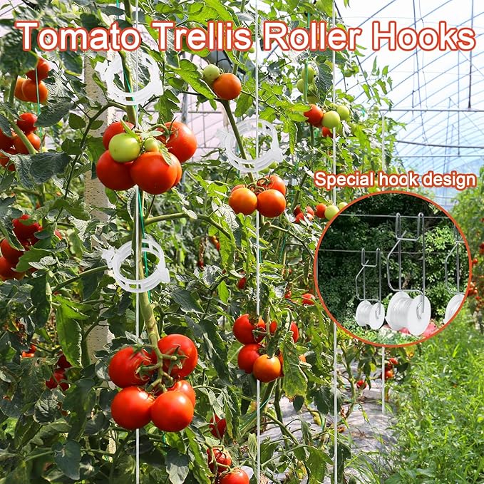 Tomato Support Hooks with String,20 Pack Tomato Trellis Roller Hooks with 49.2FT String for Plant,Greenhouse Tomato Flower Vine Twine Crop Trellis Kit Plant Roller Hook