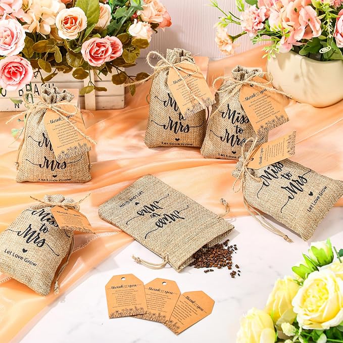 30 Sets Wildflower Seed Packets Bulk Bridal Shower Party Gifts for Guests Prizes Miss to Mrs Burlap Favor Bags Wildflower Seed Packets Party Favors with Thank You Cards Tags Twine, No Seeds