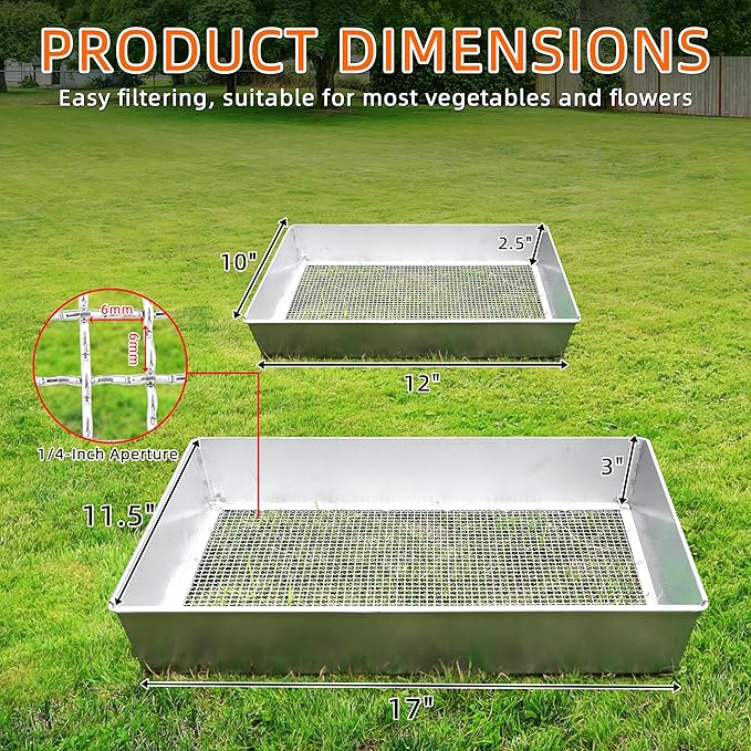 Remiawy Soil Sifter for Gardening, 2 Pack Rock Sifter for Compost Dirt Sand, Metal Garden Sieve Sifting Pan Tray, 1/4” Mesh Soil Screen Set of 2-17.5” x 11.5” and 12” x 10” (Large and Standard)