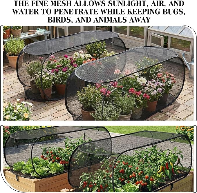 2 Pcs 39" x 18" x 16" Pop up Garden Mesh Plant Cover Outdoor Plant Protector Garden Row Raised Bed Cover with Ground Nails Crop Cage Net for Seedlings Vegetable Fruit Herbs (Black)