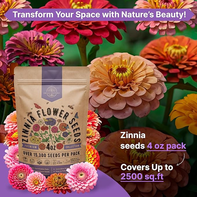 Zinnia Seeds Pack 4 oz - Over 15,300 Non-GMO Heirloom Zinnia Seeds for Planting, Annual Flowers in Individual Seed Packet for Planting Home Garden Indoor & Outdoor Gardening (Pack of 2)