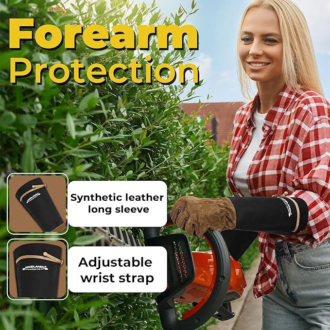 HANDLANDY Long Gardening Gloves for Men & Women, Pigskin Leather Rose Pruning Gloves, Breathable Thorn Proof Gauntlet Glove (Brown-Pigskin, L)