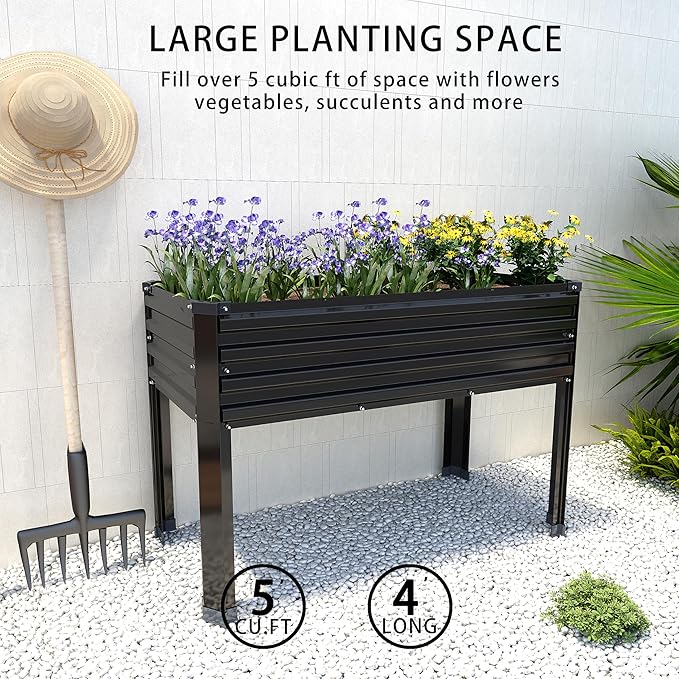 DIIYIV Galvanized Raised Garden Bed with Legs,48×18×30in Elevated Planter Box for Backyard,Garden, Patio, Balcony, 300lb Capacity,Planters for Outdoor Plants,Black