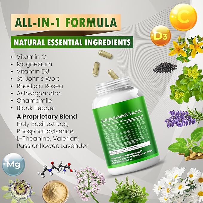 ST John's Wort 14-in-1 Natural Blend with Rhodiola Ashwagandha Chamomile Holy Basil L-Theanine Valerian Passionflower - 150 Count