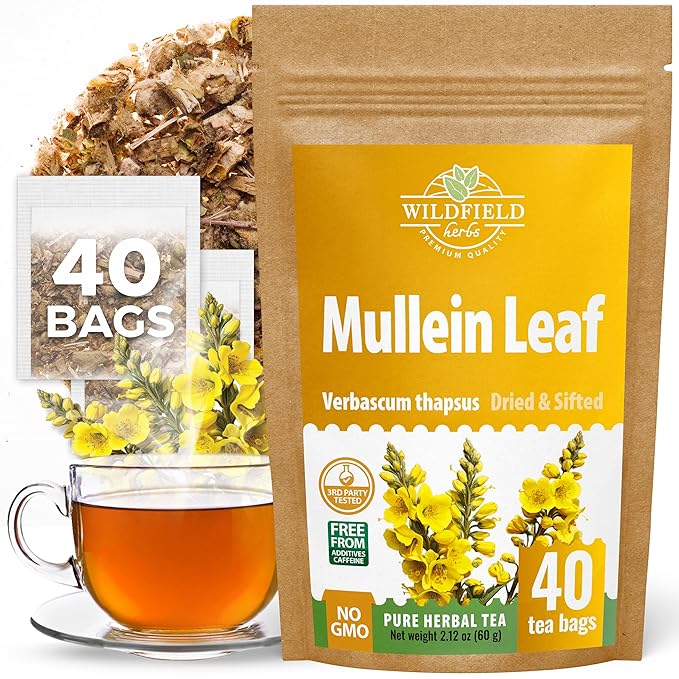 40 Bags Mullein Tea Leaf - Lungs Cleanse and Respiratory Support - Mullen (Verbáscum L.) - 40 Count 1.5g Bags Mullen Leaves Mullein Loose Leaf Hoja De Gordolobo
