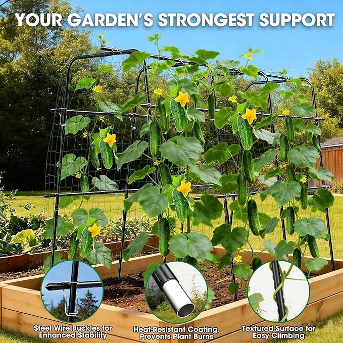 Cucumber Trellis for Raised Bed and Garden, 47" H x 63" W U-Shaped Metal Garden Trellis for Climbing Plants with Nylon Netting, Vegetable Support Frame