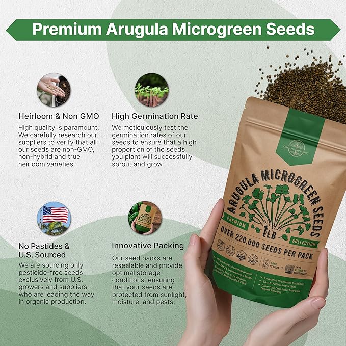 Organo Republic Arugula Sprouting & Microgreens Seeds - Non-GMO, Heirloom Sprout Seeds Kit, 1lb Resealable Bag for & Growing Microgreens in Soil, Coconut Coir, Aerogarden & Hydroponic System.