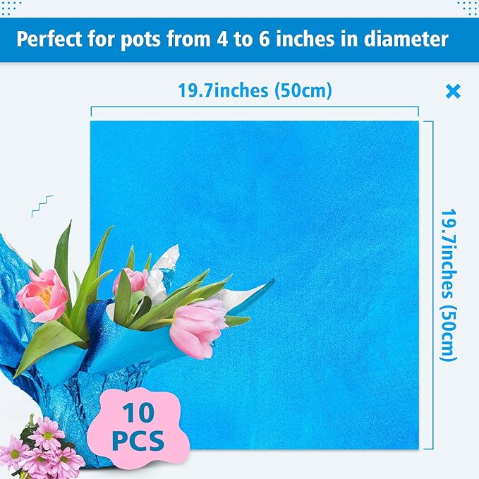 10 PCS Foil Wrap for Potted Plant, 19.7×19.7 inches Blue Floral Foil Plant Pot Covers, Matte Texture Wrapping Paper for Christmas Plant Pot, Foil Wrapping Paper for DIY Flower Pot (Blue)