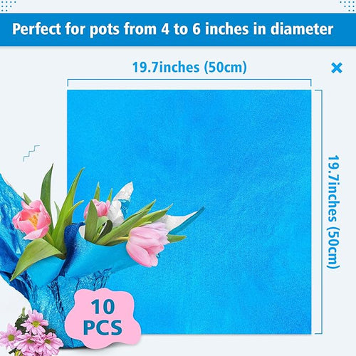10 PCS Foil Wrap for Potted Plant, 19.7×19.7 inches Blue Floral Foil Plant Pot Covers, Matte Texture Wrapping Paper for Christmas Plant Pot, Foil Wrapping Paper for DIY Flower Pot (Blue)