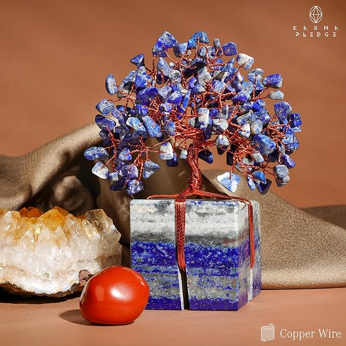 Crystal Tree for Birthday Gifts for Women, Handmade Raw Crystal Base Lapis Lazuli Chakra Healing Crystal Tree of Life for Positive Energy, Money, Good Luck, Christmas Décor, Home and Office Decor