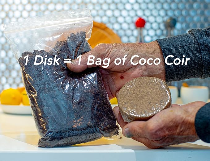CaliKiwiPros 5 Large 65gm Coco Coir disks Ideal Potting Soil for Indoor & Outdoor Plants. 1 Disk Creates 1.5lbs of Soil Fills a 9'' x 6'' Plastic Bag. Greatest Volume & Value as Almost 4 quarts.