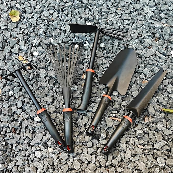 FR 5-Piece Garden Tool Set – Heavy Duty Hand Weeder Kit with Trowel, Cultivator & Rake – Ergonomic Manual Gardening Tools for Digging, Planting & Weed Removal in Lawn & Flower Beds