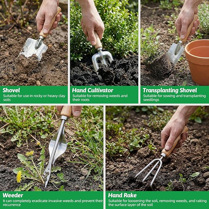 Gardening Tools 10 Pack Heavy Duty Rust-Proof Garden Tool Set with Organizer Tote Bag,Sturdy Repotting Mat,Gardening Gifts for Women Mom(Green)