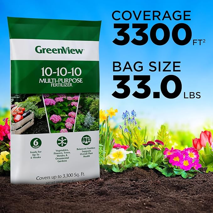 GreenView Multi-Purpose Fertilizer, NPK 10-10-10; 33 lb. Bag - Plant Food Feeds Vegetables, Flowers, Trees, Shrubs, and Ornamental Gardens for up to 6 Weeks - Covers up to 3,300 sq.ft.