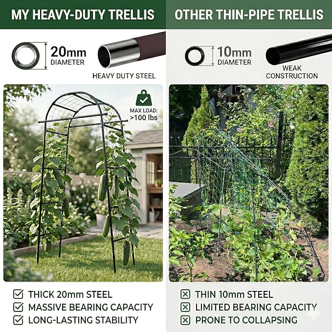 6.6ft Garden Arch Trellis | Walk-Through Plant Support for Climbing Vines Flowers Vegetables Grapes and Tomatoes, Sturdy Outdoor Metal Arbor for Raised Beds