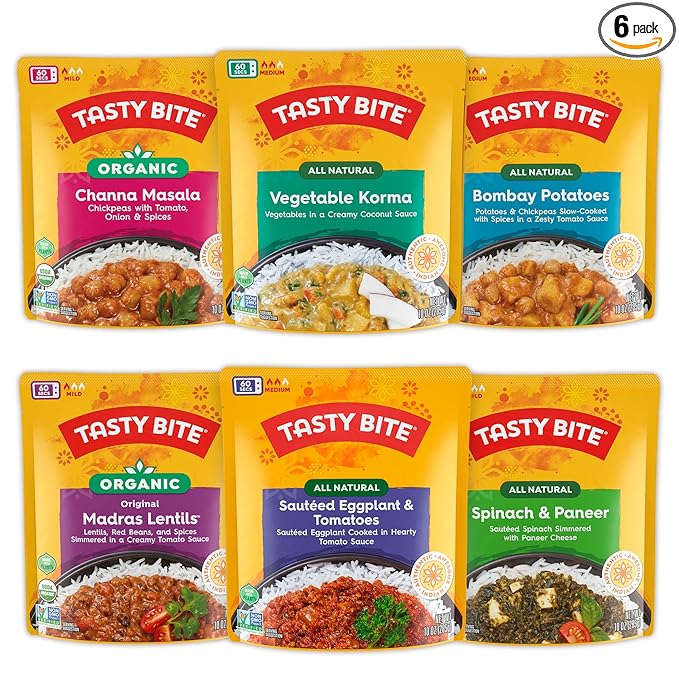 Tasty Bite Variety, Pack of 6, Bombay Potatoes, Kashmir Spinach, Punjab Eggplant, Channa Masala, Madras Lentils, Vegetable Korma