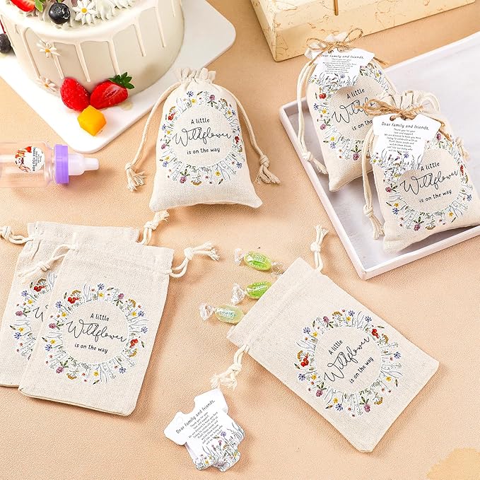 Fumete 25 Sets Wildflower Baby Shower Seed Packets Party Favors for Guests Baby in Bloom Favors Decorations Burlap Bags with Drawstring Thank You Cards and Twine, No Seeds (Wildflower)
