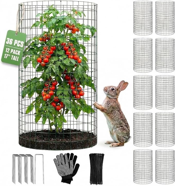 12 Pack 17" x 12" Tall Round Plant Cage - 36PCS Plant Support Cage Metal Wire Mesh Plant Protector for Outdoor Gardening Supplies Garden Protection Rabbits Chickens Ducks for Vegetables Flowers Shrubs