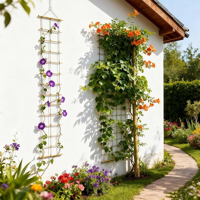 Natural Bamboo Ladder Plant Trellis 79 in L x 12 in D Ideal for Climbing Plants, Providing Reliable Support Suitable for Outdoor Walls, Gardens, patios, and Similar Settings
