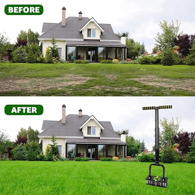 Lawn Aerator, Automatic Dirt and Leaf Clean Design, Reinforced Plastic Shell, Heavy Duty Manual Lawn Aerator Tool with 15 Iron Spikes, Height Adjustable Aerator for Lawn(Armor Black)