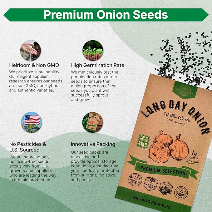 Onion Walla Walla Seeds Pack 1G - Over 275 Non-GMO Heirloom Onion Seeds for Planting Vegetables in Individual Seed Packet, Vegetable Seeds for Planting Home Garden Indoor & Outdoor Gardening
