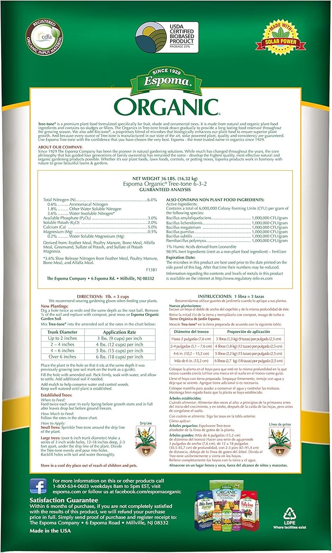 Espoma Organic Tree-Tone 6-3-2 Natural & Organic Fertilizer and Plant Food; 36 lb. Bag; Organic Fertilizer for All Trees. Use for Fruit Trees Like Peach & Apple Trees and All Shade Trees