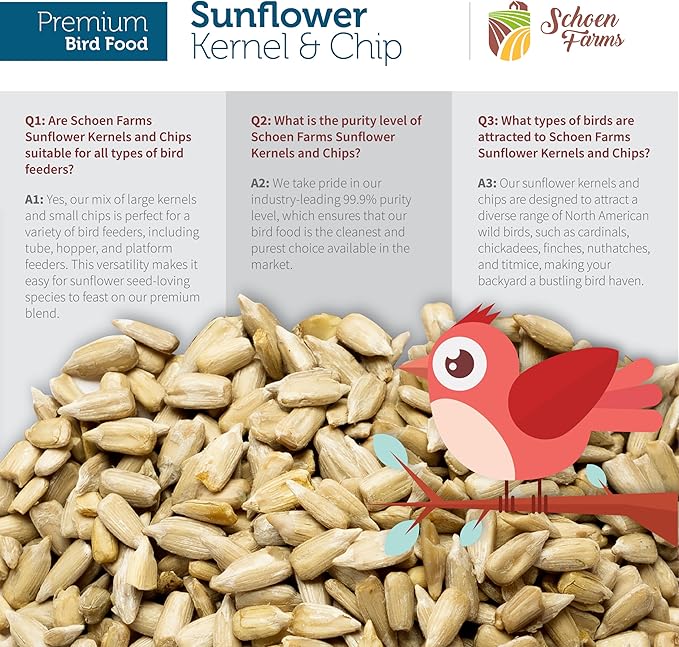 Schoen Farms Sunflower Kernels & Chips – 10 lb Bag – Hulled Sunflower Hearts Bird Seed – Premium No-Mess Wild Bird Food for Chickadees, Finches & Jays